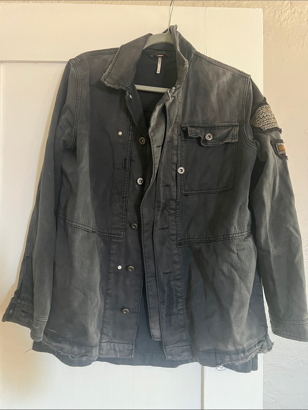 Free People women’s  Washed Black Utility Jacket with Patch Detail